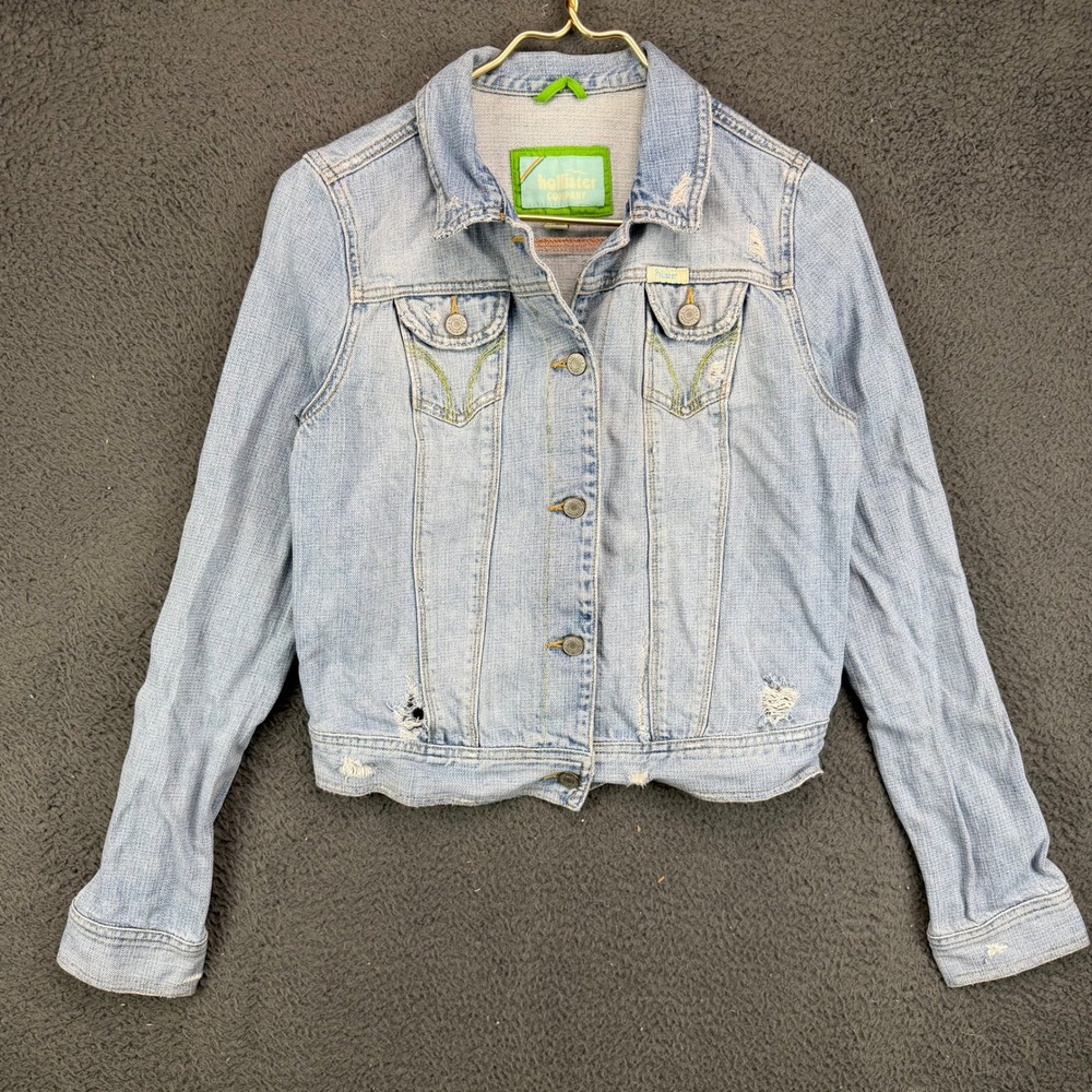 Hollister Womens Large Light Wash Distressed Denim Jean Jacket Blue Cotton L